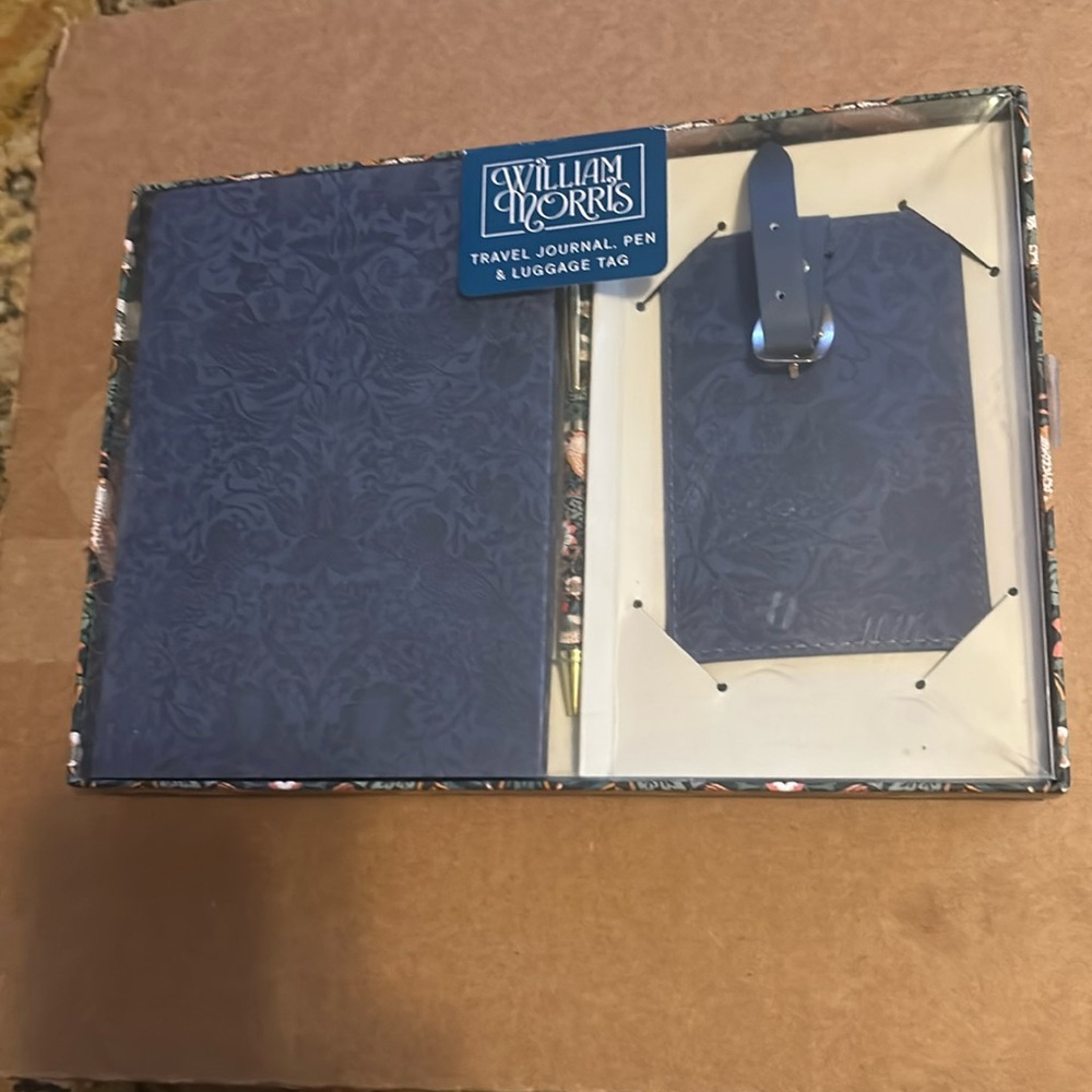 William Morris travel journal, pen and luggage tag